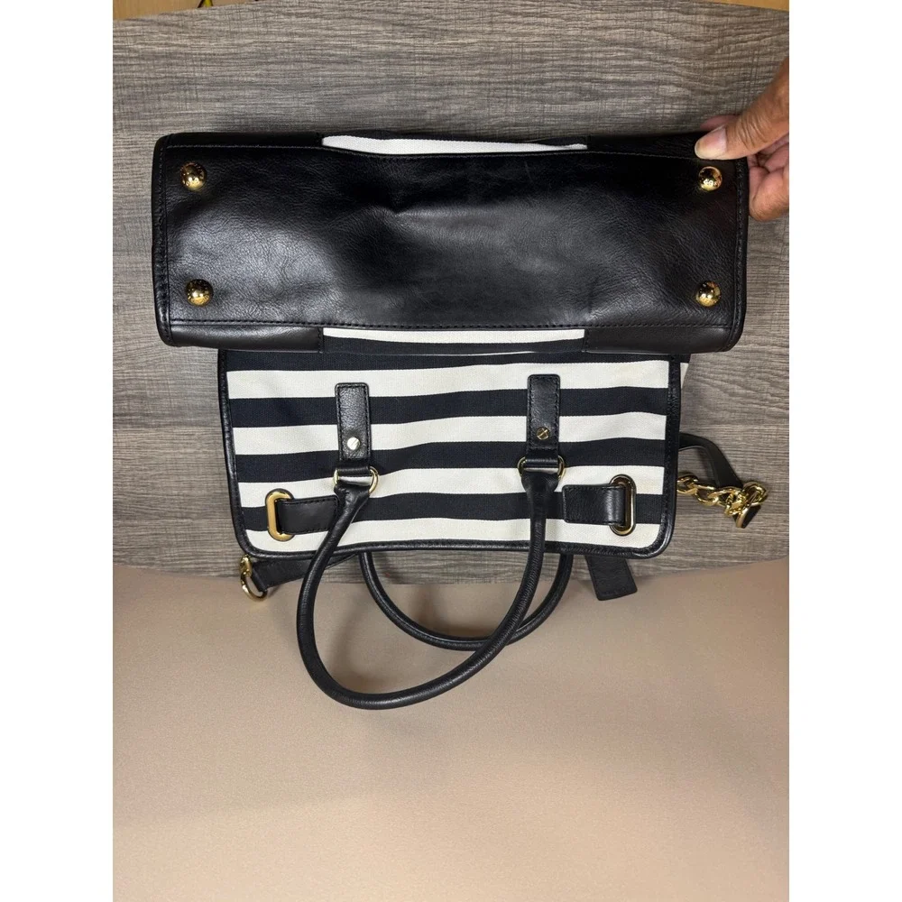 Michael Kors Hamilton Tote Bag Black White Striped Canvas Leather Gold Hardware